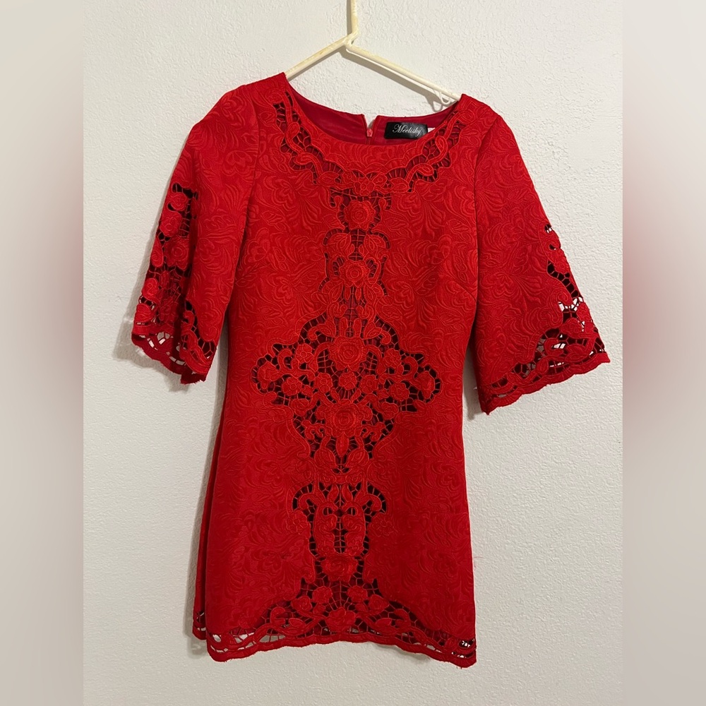 Shabby Chic Red Embellished Cut Out Sheath Dress